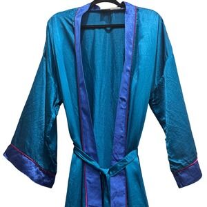 Vintage 70s Appel Satin Robe Teal w/ Purple Trim& Belt Dressing Gown Kimono Robe